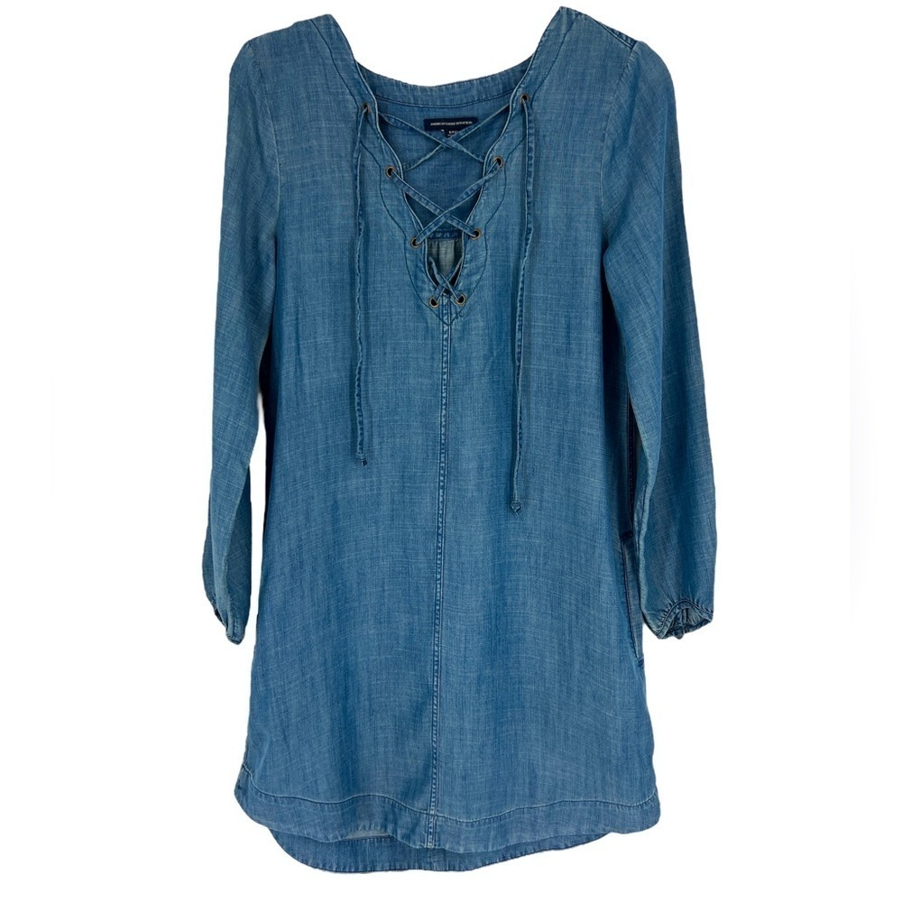American Eagle lace tie V neck long sleeve Denim look dress SZ S